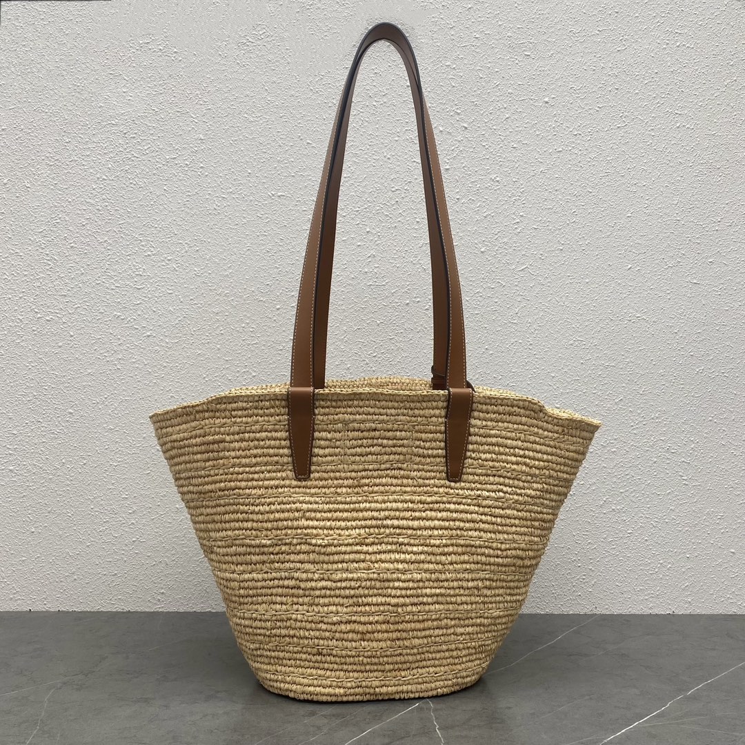 Bagsaaa Medium S*pple Ce1i*e Classic Panier in Raffia and calfskin Brown - 22 x 30 x 14 CM