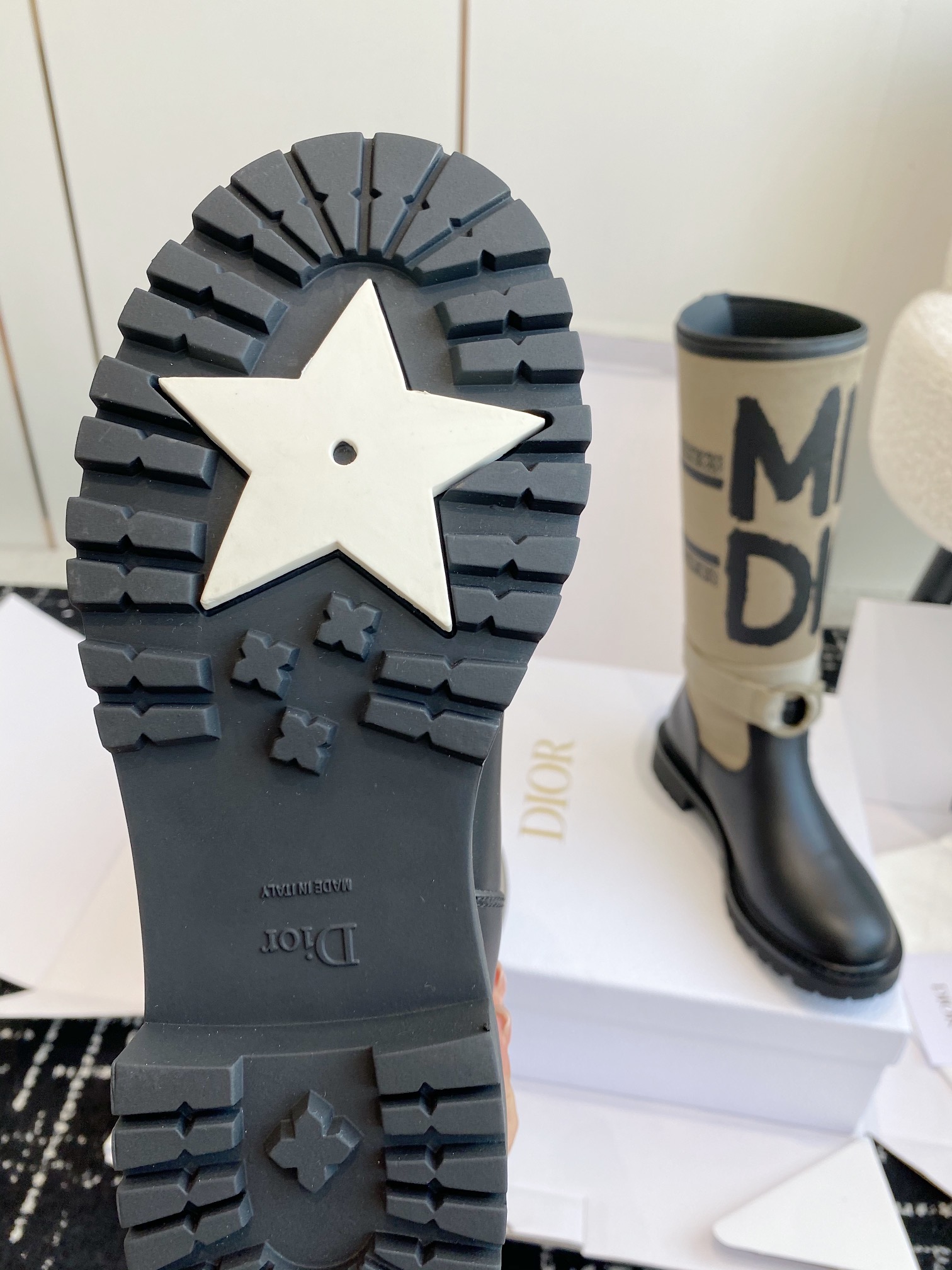 Bagsaaa D10r D-Major Boot Warm Taupe Technical Canvas with Black Miss D10r Graffiti Print and Black Calfskin